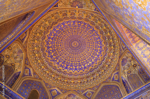 View of the interior of the Tilla Kari mosque in Samarkand, Uzbekistan