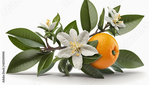 branch from an orange tree with leaves and flowers is isolated on a white background. Generative AI,