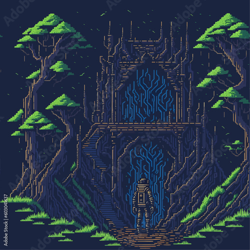 Adventure Retro computer games level, Pixel art video game scene