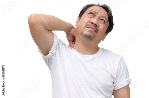 Middle aged man feel neck pain due to working in front of a computer for a long time isolated on white background