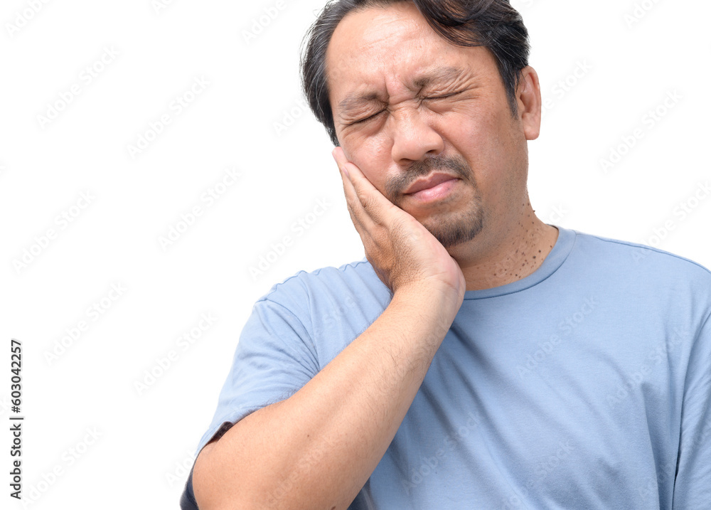 Handsome middle age senior man touching mouth with hand with painful expression because of toothache Handsome middle age senior man touching mouth with hand with painful expression because of toothache