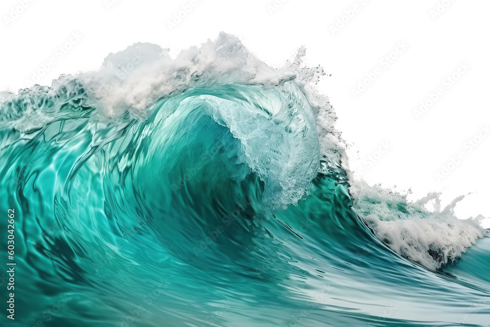 Beautiful turquoise sea natural wave on cutout PNG transparent background. Generative AI - obrazy, fototapety, plakaty 