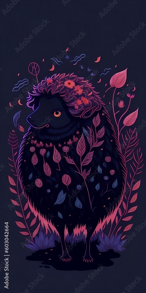 Fototapeta premium Cute Black Sheep Art with Floral Elements