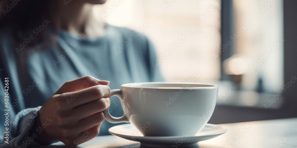 Close up of woman drinking coffee at home Close up of woman drinking coffee at home