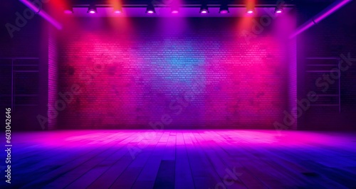 Black Stage Background with Blue Lights on Red Brick in Light Purple and Light Pink Colors. Generative ai