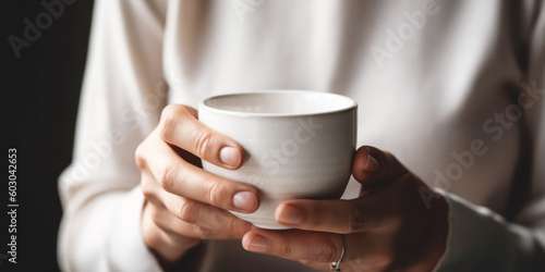 Close up of woman drinking coffee at home