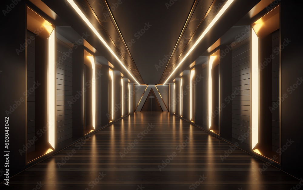 golden light in dark futuristic hallway wallpaper. generative AI