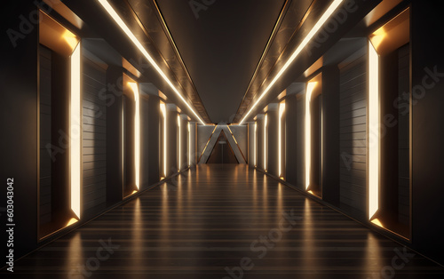 golden light in dark futuristic hallway wallpaper. generative AI