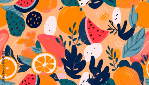 Hand drawn abstract cute fruits and flowers pattern. Collage playful contemporary print. Fashionable template for design