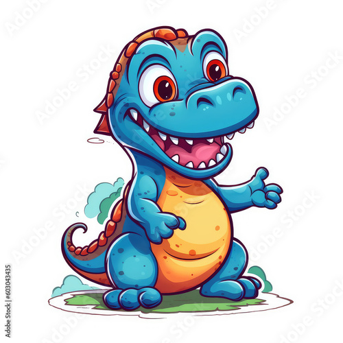 Fun sticker baby dinosaur isolated on white background. Dino blue smiling, funny animal sticker cut-out. Generative AI flat illustration imitation.