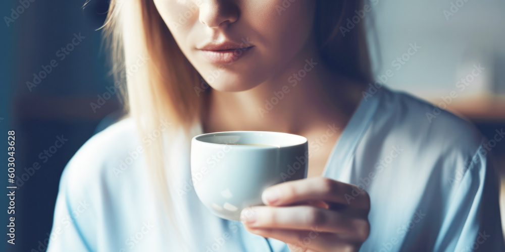 Close up of woman drinking coffee at home Close up of woman drinking coffee at home