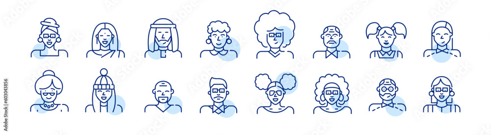 People of different ages, cultures, with different hairstyle and clothes avatars. Pixel perfect, editable stroke icons set
