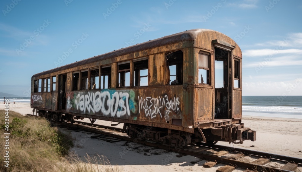 Abandoned train car on the beach — Generative AI Abandoned train car on the beach — Generative AI