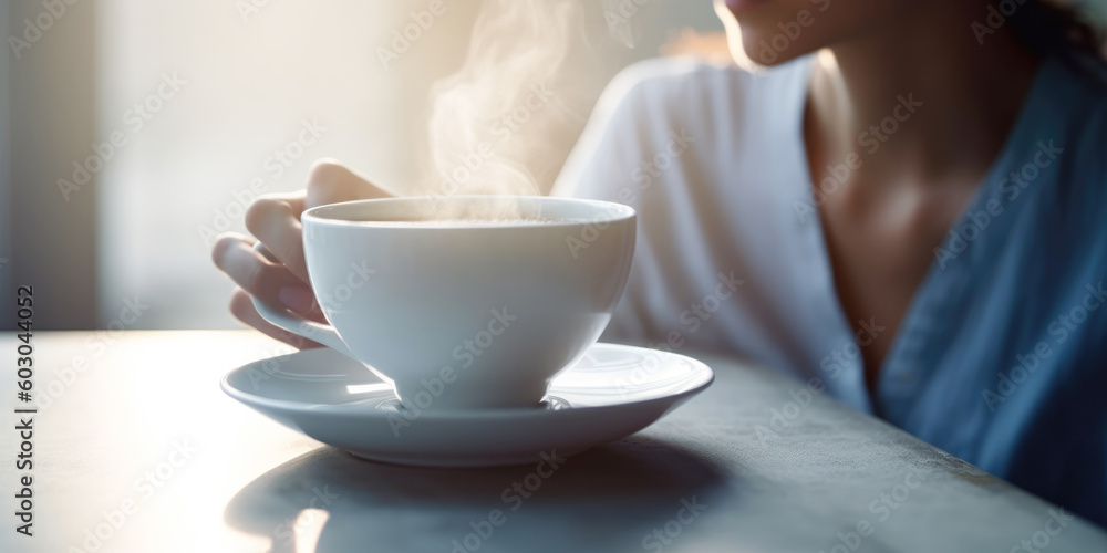 Close up of woman drinking coffee at home Close up of woman drinking coffee at home