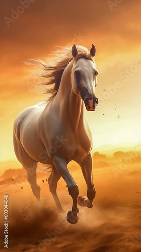 Arabian Stallion Galloping Through a Sun-kissed Field. Generative ai © Scrudje