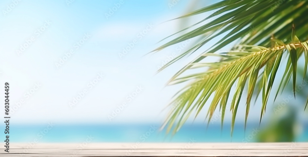 Empty wooden table and palm leaves with party on beach blurred background in summer time, Copy space of summer vacation,
Blur beautiful nature green palm leaf, Generative AI 