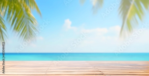 Empty wooden table and palm leaves with party on beach blurred background in summer time  Copy space of summer vacation  Blur beautiful nature green palm leaf  Generative AI 