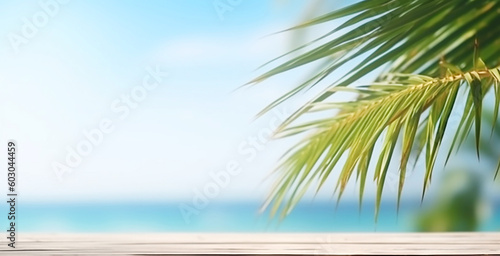 Empty wooden table and palm leaves with party on beach blurred background in summer time, Copy space of summer vacation, Blur beautiful nature green palm leaf, Generative AI 