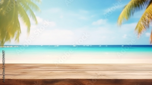 Empty wooden table and palm leaves with party on beach blurred background in summer time  Copy space of summer vacation  Blur beautiful nature green palm leaf  Generative AI 