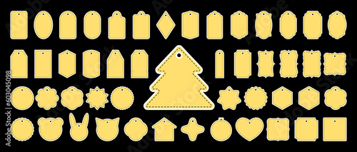 Big set of vector gift tags, stickers, name card, discount label with white border and stitch imitation. Templates for cookie cutters or vintage labels. Label for gift wrapping in retro style.
