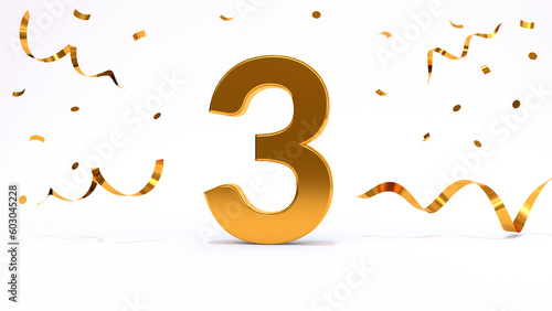 Happy 3 birthday party celebration. Gold numbers with glitter gold confetti, serpentine. Festive background. Decoration for party event. One year jubilee celebration. 3d render illustration.