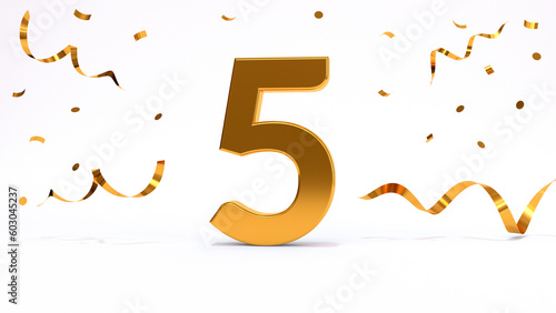 Happy 5 birthday party celebration. Gold numbers with glitter gold confetti, serpentine. Festive background. Decoration for party event. One year jubilee celebration. 3d render illustration.