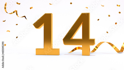 Happy 14 birthday party celebration. Gold numbers with glitter gold confetti, serpentine. Festive background. Decoration for party event. One year jubilee celebration. 3d render illustration.