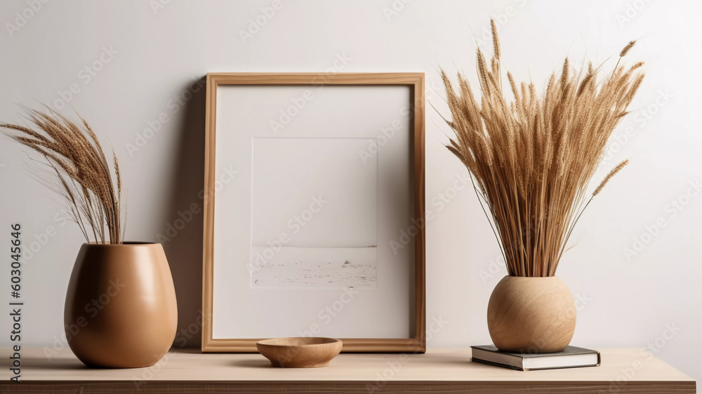 Blank wooden vertical picture frame mockup. Vase with dry reed, grass on table, desk. Elegant interior, home office. Decorative boho still life photo. Artistic poster display. AI Generated