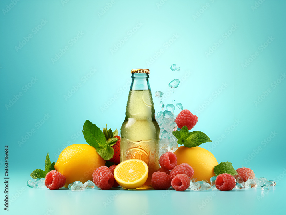 Fruit beer poster, banner design template. Illustration of a glass bottle of fruit beer with fruits and citrus around. Sweet beer commercial banner for events, advertising, announcement. Generative AI Fruit beer poster, banner design template. Illustration of a glass bottle of fruit beer with fruits and citrus around. Sweet beer commercial banner for events, advertising, announcement. Generative AI