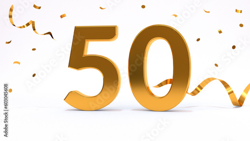 Happy 50 birthday party celebration. Gold numbers with glitter gold confetti, serpentine. Festive background. Decoration for party event. One year jubilee celebration. 3d render illustration.