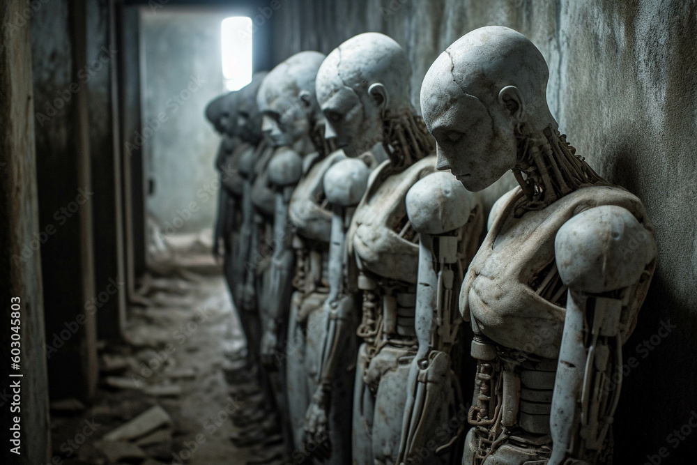Shadows of the Future: Humanoid Robots Gather in a Dark Room. Generative AI Shadows of the Future: Humanoid Robots Gather in a Dark Room. Generative AI