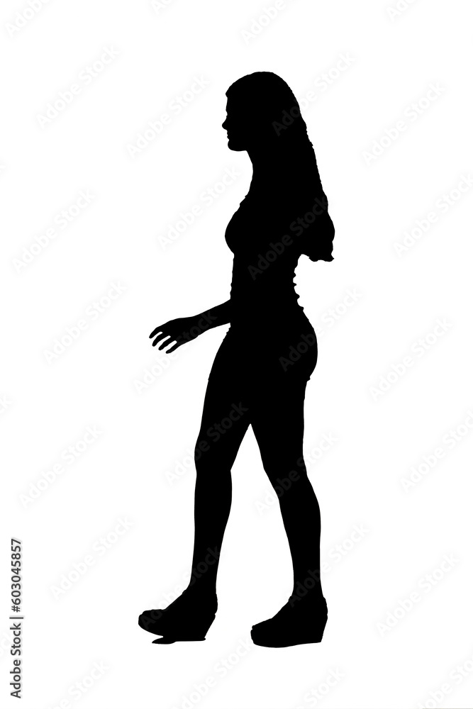 black and white silhouette of side view of a young girl walking on white background black and white silhouette of side view of a young girl walking on white background