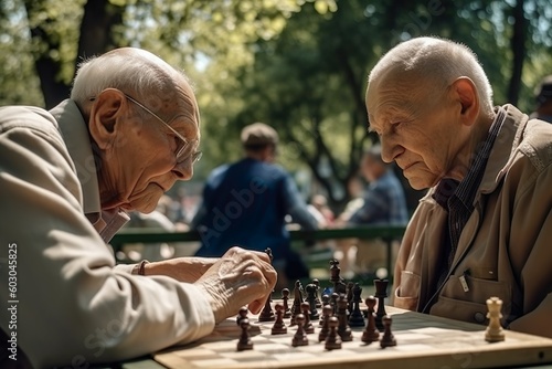 Two Seniors Engaged in a Game of Chess at the Park, Generative AI