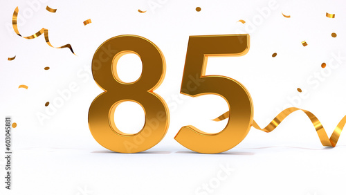 Happy 85 birthday party celebration. Gold numbers with glitter gold confetti, serpentine. Festive background. Decoration for party event. One year jubilee celebration. 3d render illustration.