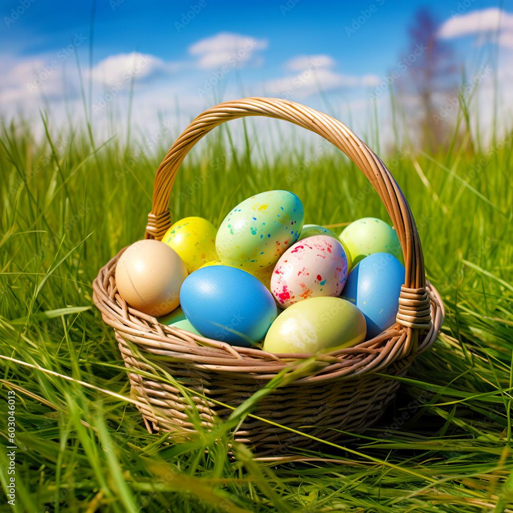 Happy Easter - Nest with easter eggs in grass on a sunny spring day - Easter decoration background. Generative AI. Happy Easter - Nest with easter eggs in grass on a sunny spring day - Easter decoration background. Generative AI.
