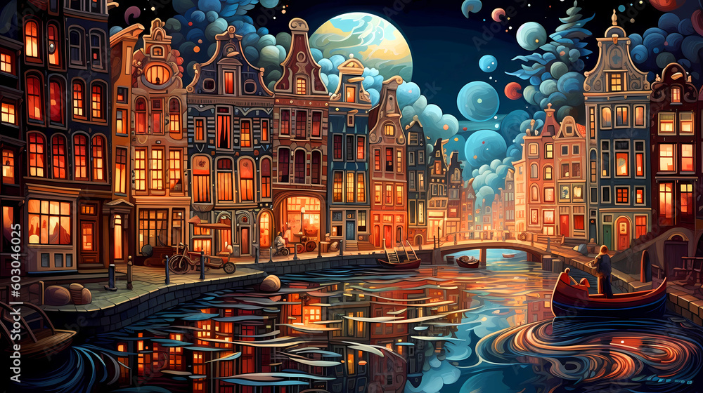 Obraz premium Illustration of a beautiful city view on the river