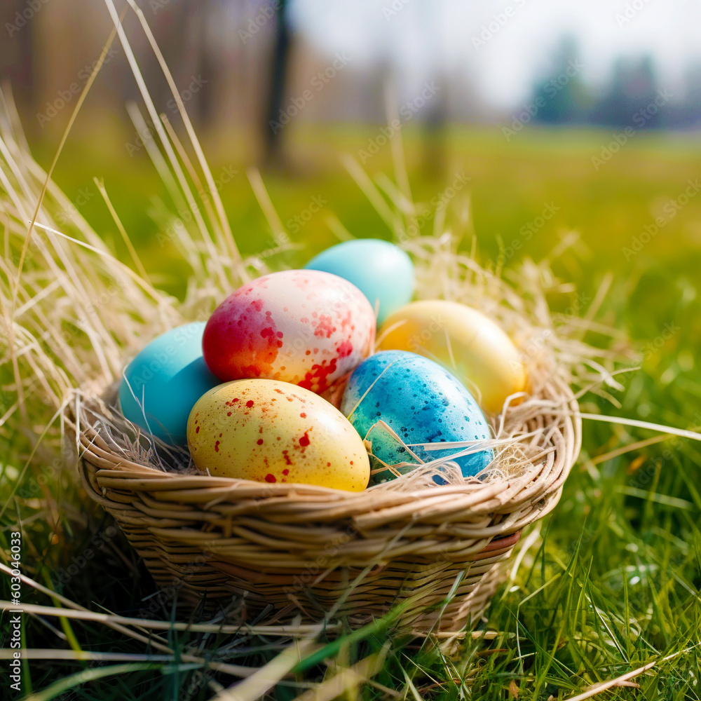 Happy Easter - Nest with easter eggs in grass on a sunny spring day - Easter decoration background. Generative AI.