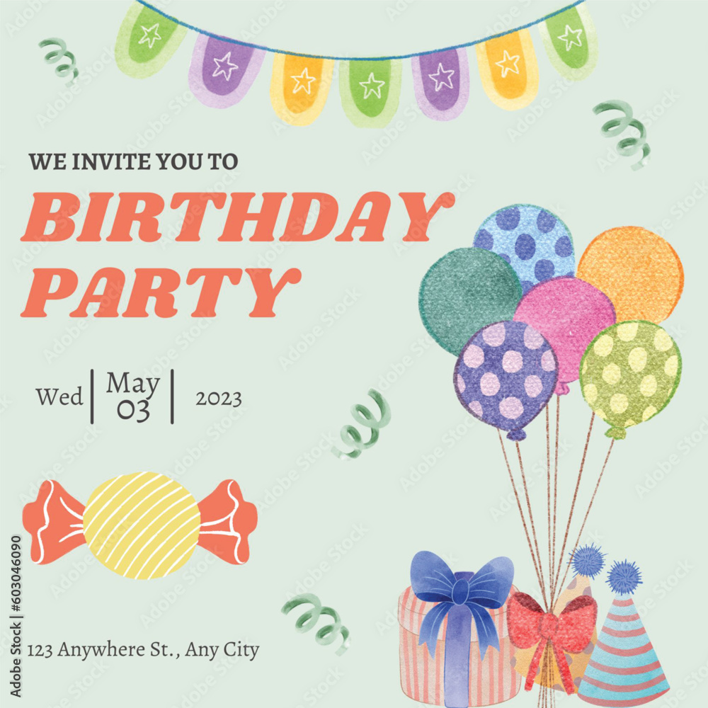 Birthday party invitation card, with colorful background illustration design, birthday party tamplate and cover