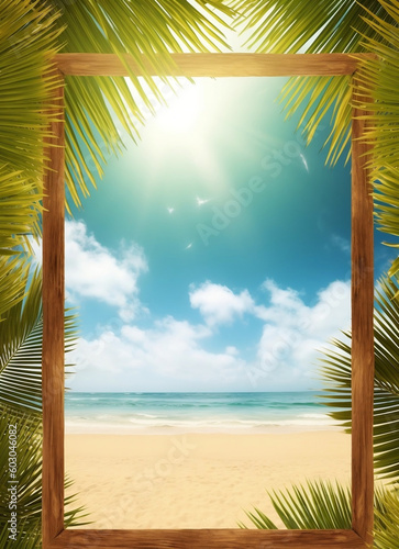 Tropical paradise with golden beach and palm leaves - a perfect summer vacation concept  generative AI