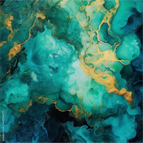 アルコールインクアート風のターコイズブルーと深緑の流動体に金色の装飾。正方形抽象背景。AI生成画像
