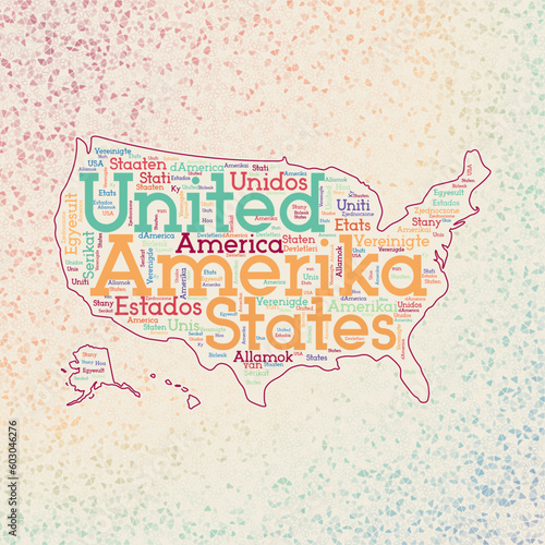 USA shape whith country names word cloud in multiple languages. USA border map on captivating triangles scattered around. Charming vector illustration.