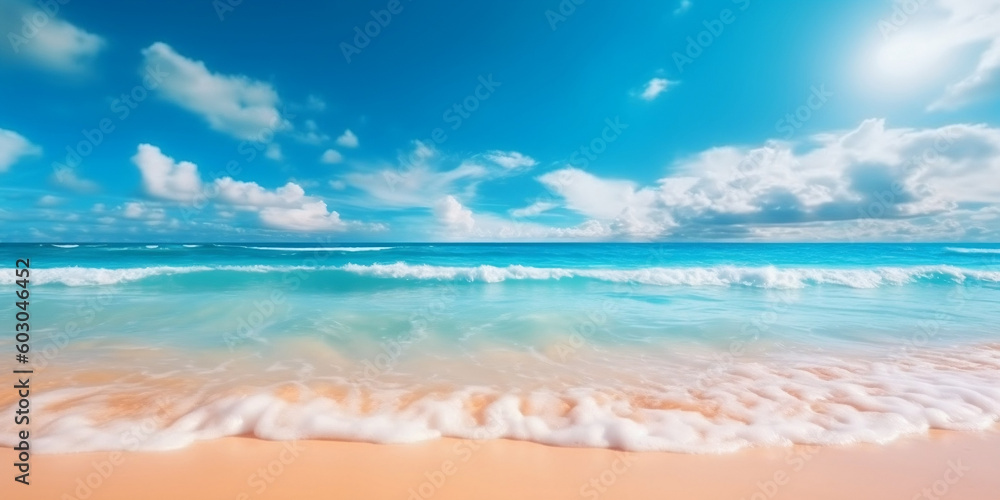 Tropical Beachscape: Golden Sands, Turquoise Waters, and Blue Skies on a Sunny Day, generative AI