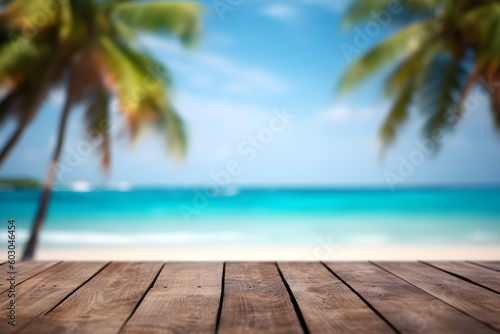 Empty wooden table on a beautiful blurred tropical beach background. Summer holiday background for product display. © Got Pink?