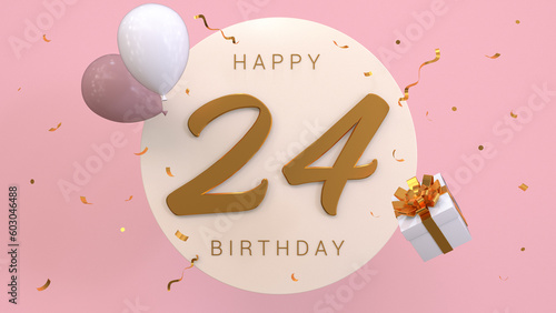 Elegant Greeting celebration 24 years birthday. Happy birthday, congratulations poster. Golden numbers with sparkling golden confetti and balloons. 3d render illustration.