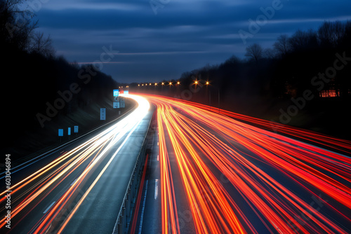 light trails of a car traveling down dark highway. generative AI