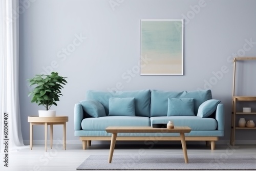 interior background copy space design empty three-dimensional couch loft pillow mock up brick. Generative AI.