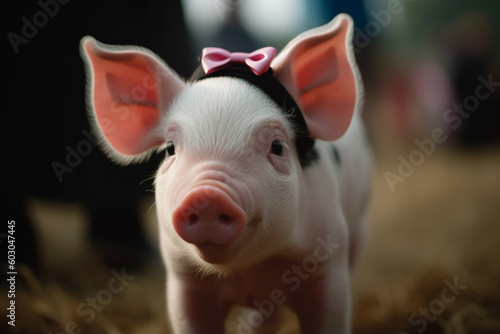 cute pig wearing ribbon on head © imur