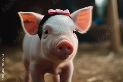 cute pig wearing ribbon on head © imur