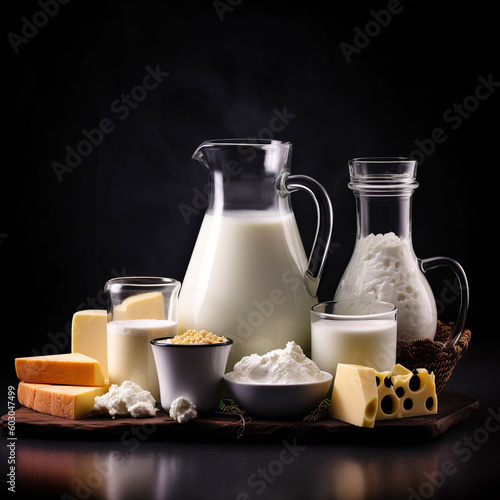 dairy products, milk, cottage cheese, yogurt, sour cream and butter on table. Generative AI.