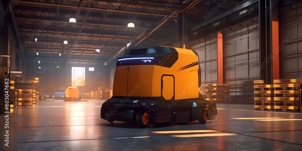 AGV (Automated guided vehicle) in warehouse logistic and transport. AGV (Automated guided vehicle) in warehouse logistic and transport.